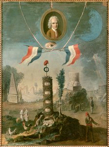 Revolutionär allegori: Porträtt av Jean Jacques Rousseau, schweizisk filosof (1712-1778), med symboler för revolution. Målning av Nicolas Henri Jeaurat De Bertry (1728- ap. 1796)