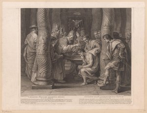 Kejsar Konstantins dop av påven Silvester I Constantinus baptismo solemniter initiatus / Constantin reçoit solemnelllement le baptème (titel på objektet) Kejsar Konstantin den stores historia (serietitel)
