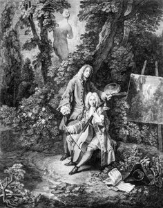 Målaren Jean Antoine Watteau (1684-1721) och hans vän Jean De Jullienne (1686-1766), gravyr av Nicolas Henri Tardieu