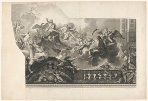 Takmålning med samling av gudar (skylt 2) Plafond du Milieu de la Grande Gallerie du Palais Royal (titel på objekt)