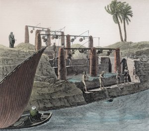 Samla vatten från Nilen, tallrik 6 från Volym II Arts and Trades av "Description of Egypt", pub. under order av Napoleon, 1822 (senare färgläggning)