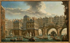 Paris, båtsmans tornerspel mellan Pont Notre-Dame och Pont au Change av Nicolas and Jean Baptiste Raguenet