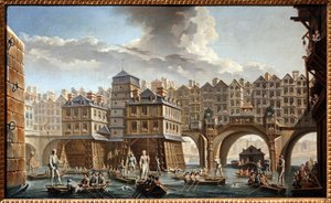 Pråmmännens tornerspel, mellan Notre Dame-bron och Pont au Change av Nicolas and Jean Baptiste Raguenet