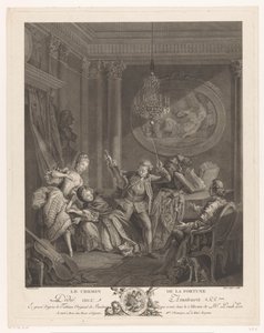 En violinist och två unga kvinnor i en interiör, en sittande man tittar på Le Chemin de la Fortune (titel på objekt) av Nicolas Joseph Voyez