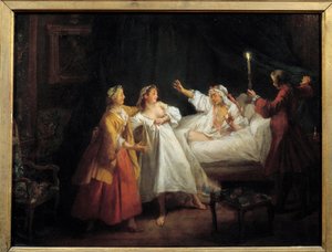 Tales of Jean de La Fontaine: Den Gascon straffade målningen på koppar av Nicolas Lancret (1690-1743) Sön. 0,28 x 0,36 m av Nicolas Lancret