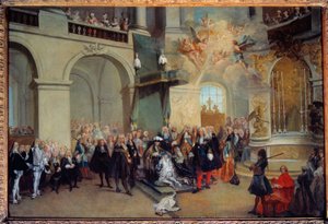 Överlämnandet av den Helige Andes Orden (Den Helige Andes Orden) i kapellet i Versailles 3/06/1724 Målning av Nicolas Lancret (1690-1743) 1724 Sön. 0,56x0,81 m av Nicolas Lancret