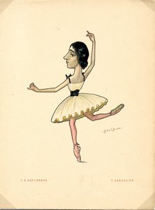 Porträtt av Tamara Karsavina (1885-1978) Rysk ballerina - Litografi av Nikolai Gustavovich Legat (1869-1937), utdrag från Ballet russe en caricatures