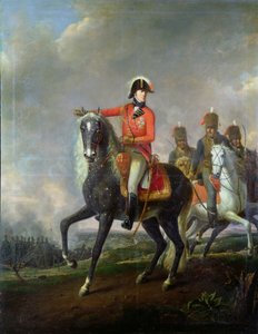 Ridsporträtt av hertigen av Wellington med brittiska husarer på ett slagfält, 1814