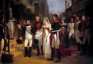 Kejsar Napoleon Bonaparte (1769-1821) tog emot drottning Louise av Preussen i Tilsit (Tilsitt) den 6/07/1807. På trappan väntar diplomaten Talleyrand. Målning av Nicolas Louis Gosse (1787-1878) 1837 Sön. 3,51x4,92 m Versailles, musee du Chateau - The