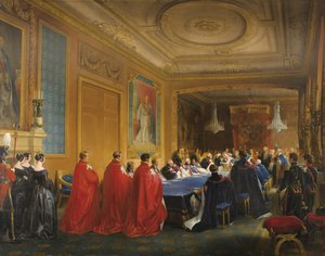 Louis-Philippe tar emot Strumpebandsorden från händerna på en ung drottning Victoria, 1844