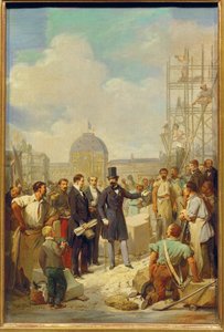 Napoleon III besöker byggarbetsplatsen för nya Louvren