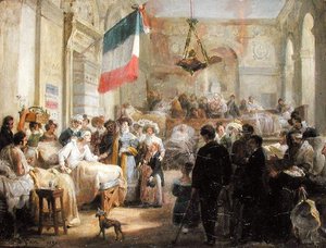 Drottning Marie-Amelie (1782-1866) besökte de sårade vid Ambulance de la Bourse, 25 augusti 1830