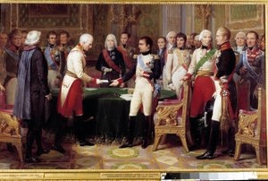 Intervjun av Erfurt, 27 september - 14 oktober 1808: Napoleon I tar emot Baron Vincent, en österrikisk diplomat och skickad från kejsaren av Österrike. I mitten mellan de två karaktärerna ser vi Charles Maurice från Talleyrand Perigord (1754-1838). Smärta