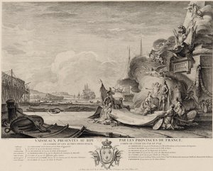 Allegorisk gravyr av skeppsgåvan cirka 1762 av Nicolas Ozanne