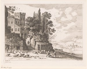 Landskap med hus, figurer och boskap av Nicolas Perelle