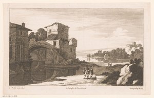 Flodlandskap med ruin med bågbro av Nicolas Perelle