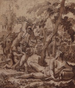 Ett skogslandskap med en flodgud och Putti (penna och bläck) av Nicolas Poussin