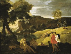 Ett arkadiskt landskap med berättelser från legenderna om Pan och Bacchus (olja på duk) av Nicolas Poussin