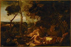 Landskap med Sankt Hieronymus ... (målning på duk) av Nicolas Poussin