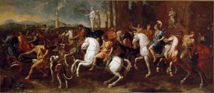 Jakten på Meleager. Hjältar från grekisk mytologi som är kända under jakten på vildsvinen från Calydon. Målning av Nicolas Poussin av Nicolas Poussin