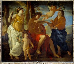 Inspirationen av poeten Un poete, en lyra i handen och huvudbonad av en lagerkrona, är omgiven av muser och putti. målning av Nicolas Poussin av Nicolas Poussin
