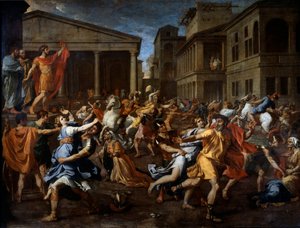Romarnas avlägsnande av sabinerna. Romulus till vänster observerar scenen. Målning av Nicolas Poussin av Nicolas Poussin