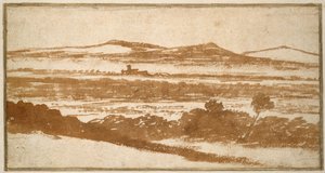Utsikt över en dal mot avlägsna kullar (pensel och rödbrun tvätt, på benvitt papper, nedlagd på ett vitt kortfäste) av Nicolas Poussin