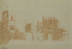 Utsikt över Rom (sepiatvätt på papper) av Nicolas Poussin