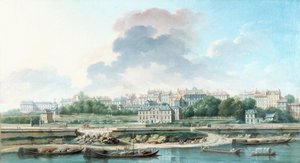 Le Quai et le Village de Passy, vue de la rive gauche, en 1757 (olja på duk) av Nicolas Raguenet