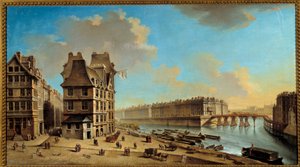 Quai de la Greve, Île Saint Louis och Pont Rouge sett från Place de Greve-målningen av Nicolas Raguenet (1715-1793) 1700-talets sön. 0,46x0,84 m Paris, Musee Carnavalet - Quai de la Greve, Ile Saint-Louis och Pont Rouge sett från