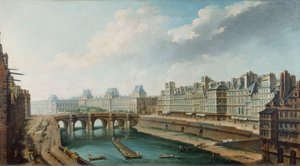 Utsikt över Louvren, Pont Neuf och Quai des Orfevres sett från Quai des Grands Augustins, ca 1760 (olja på duk) av Nicolas Raguenet