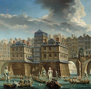 detalj av målningen: Joute des mariniers mellan Pont Notre-Dame och Pont-au-Change” En nautisk tornerspel på Seine i Paris. Målning av Nicolas Jean Baptiste Raguenet (1715-1793) 1756 Paris, Musee Carnavalet