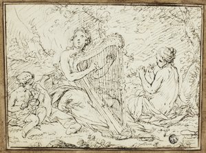 Nymfer som spelar musikinstrument av Nicolas Rene Jollain