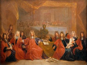 Köpmännen och rådmännen i staden Paris överlägger om erbjudandet om en festmåltid till Ludvig XIV ...