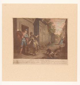 Straat Gezicht met man met boek Eller tänk aldrig på allt (titel på objekt) Fabels van Jean de La Fontaine (serietitel) Suite of New Prints for the Tales of La Fontaine (serietitel) av Nicolas de Larmessin (III)