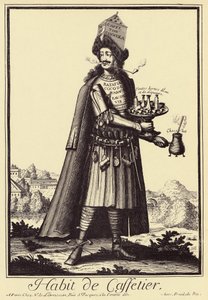 Caffettier: "Habit de Caffettier "(Kaffebryggare eller kaffehandlare, choklad, te, likörer) Satirisk teckning från "Costumes Grotesques" av Nicolas de Larmessin (1640-1725)
