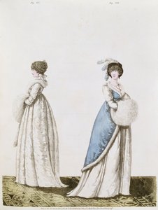 Eftermiddagsklänningar fikon. 327 och 328 från Nikolaus Heideloffs "Gallery of Fashion" Vol II februari 1802 (tryck)