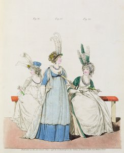 Aftonklänningar för opera och konserter, fig. 96, 97 och 98 från Nikolaus Heideloffs "Gallery of Fashion", maj 1796 (tryck)