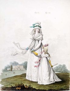 Mor och barn i morgonklänning från Nikolaus Heideloffs "Gallery of Fashion", Vol II, augusti 1795 (tryck) av Nicolaus von Heideloff