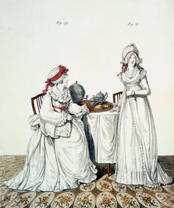 Två damer vid frukost i deras omklädningsrum, iklädda nattmössor och peignoirs, från Nikolaus Heideloffs "Gallery of Fashion", Vol I, november 1794