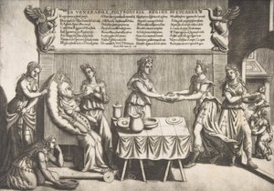 Vördade Idleness, Queen of Cockaigne, en tjock kvinna sittande på en rörlig toalettstol som..., 1565. av Nicolo Nelli