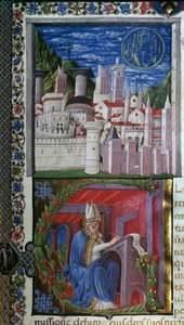 Saint Augustine Writing Miniature av Nicolo Polani hämtad från "" De civitate dei"" (Guds stad) av Saint Augustine of Hippo (354-430). 1459. Paris, Bibliotheque sainte Genevieve av Nicolo Polani
