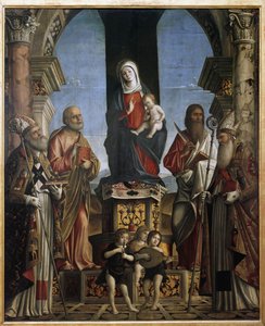 Jungfrun och barnet på tronen med St Nicholas, St Peter, St Barthelemy och St Augustine (olja på duk