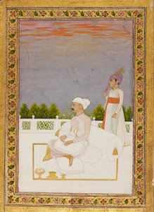 Adelsman, möjligen Mir Qasim, sittande på en terrass med åtföljande, 1700-tal av Nidhama