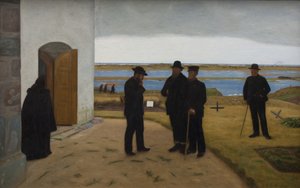 Människor utanför en kyrka. Harboøre, Jylland