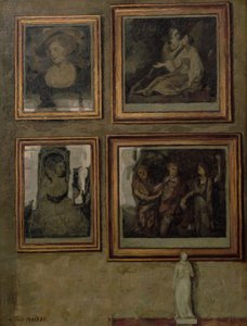 Interiör med målningar och en figur av Niels Holsoe