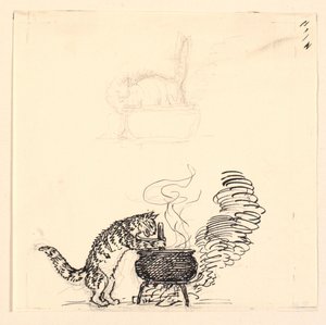 Illustration för "Den feta katten" och skiss av Niels Skovgaard