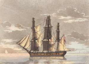 En dansk fregatt med alla segel inställda i en lugn havsutsikt av Niels Truslew