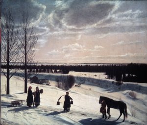 Vinterscen, rysk vinter (Vinterscen, rysk vinter). Beskrivning av ett snölandskap i kvällsljuset, med figurer på vägen: en leder en häst och kvinnor, ett lass med hinkar och två andra pratar nära en släde. pei