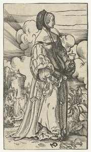 Vis jungfru med brinnande oljelampa i landskap Five Wise and Five Foolish Virgins (serietitel) av Niklaus Manuel Deutsch